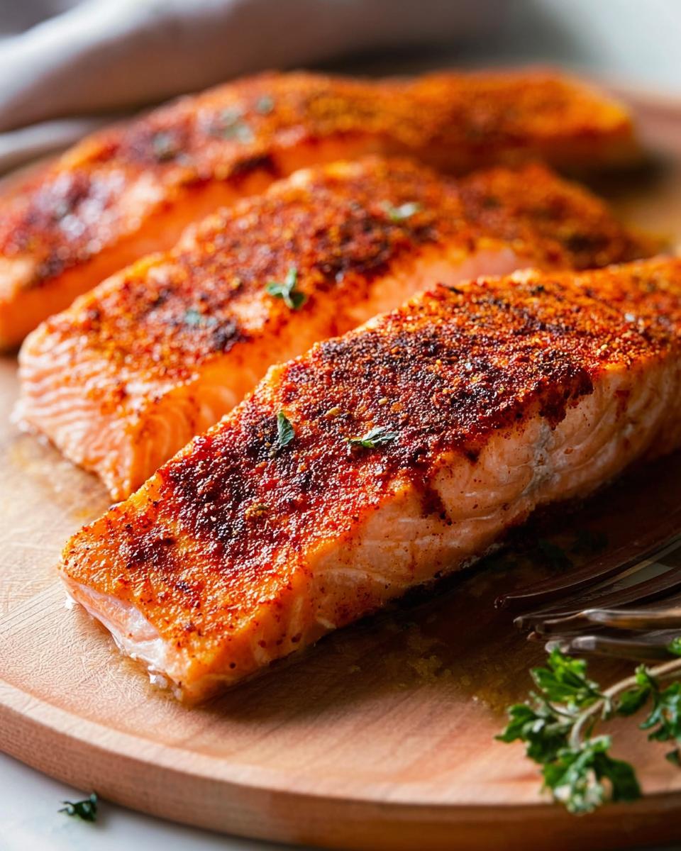 Three perfectly cooked salmon fillets with a seasoned crust, presented on a wooden board. A favorite among salmon recipes.