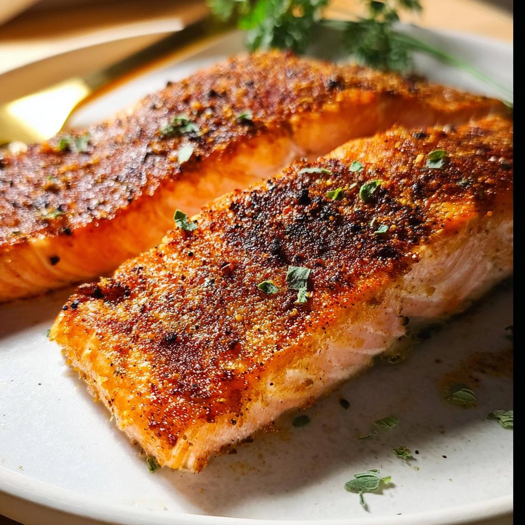 Close-up of two perfectly pan-seared salmon fillets, seasoned and garnished with herbs.