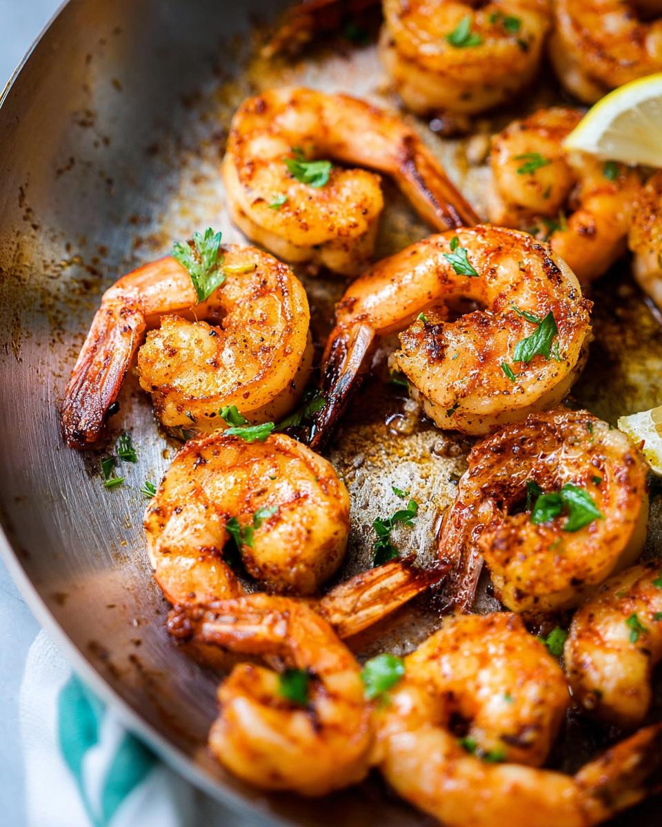 Close-up of perfectly pan-seared shrimp with spices and parsley, a key dish in The Ultimate Shrimp Recipes Guide for Beginners.