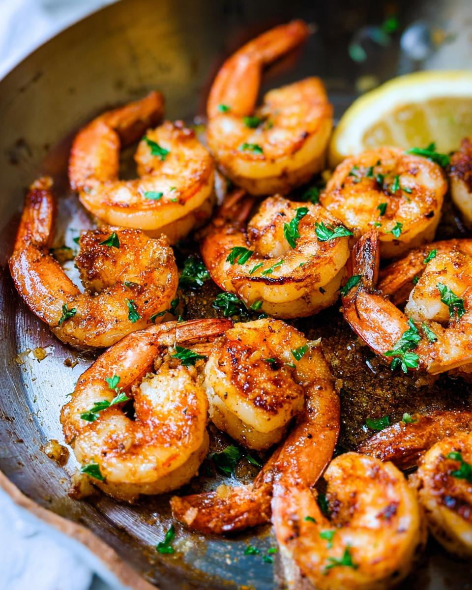 Close-up of perfectly pan-seared shrimp, seasoned and garnished with parsley, in a skillet. A lemon wedge is visible.