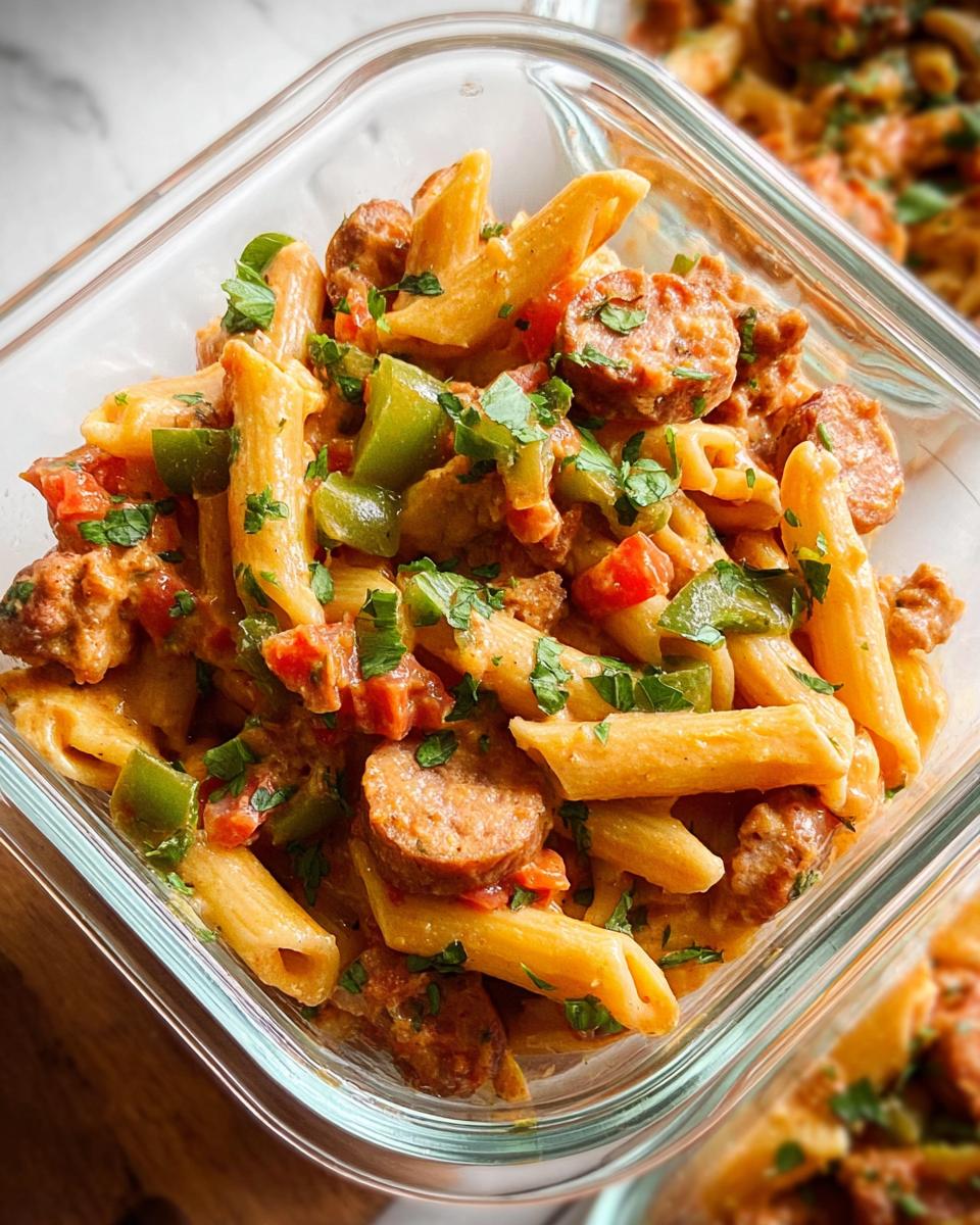 Close-up of a glass meal prep container filled with penne pasta, sliced sausage, green bell peppers, and chopped parsley.