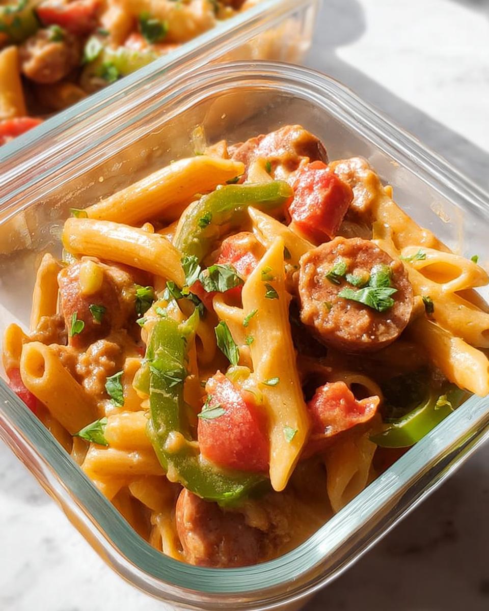 Close-up of a glass meal prep container filled with penne pasta, sliced sausage, green bell peppers, and tomatoes in a creamy sauce.
