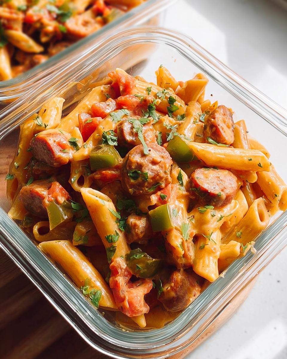 Close-up of pasta meal prep in a glass container, featuring penne pasta, sausage, green peppers, and tomatoes in a creamy sauce.