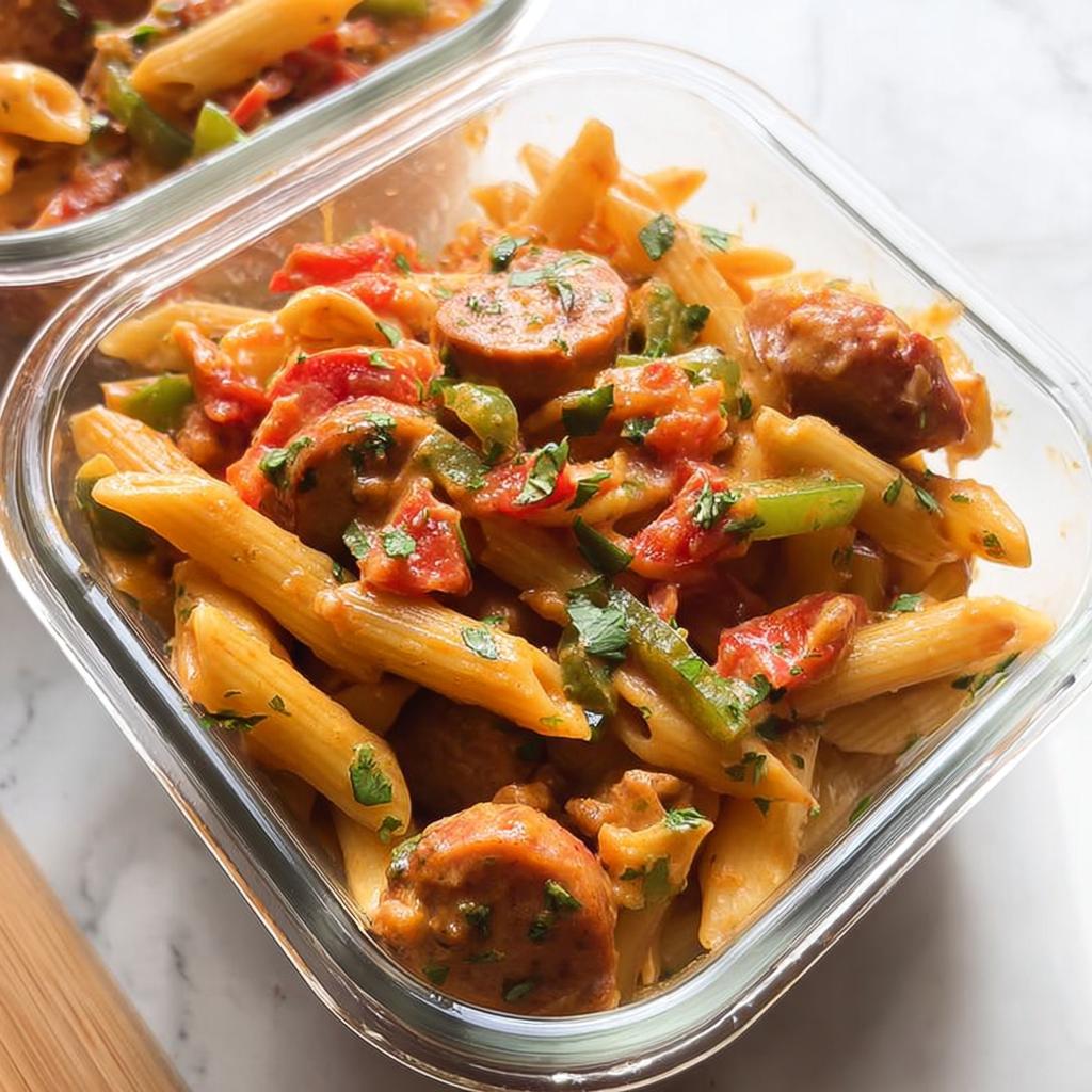 Close-up of a glass meal prep container filled with penne pasta, sausage slices, bell peppers, and tomatoes in a creamy sauce.
