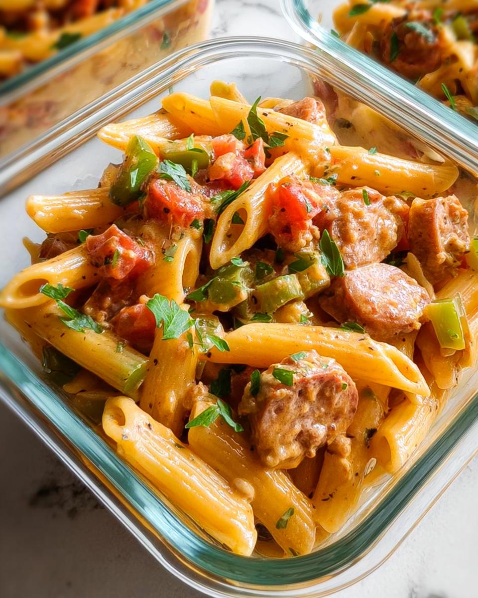 Close-up of penne pasta meal prep in a glass container with sausage, tomatoes, green peppers, and parsley.