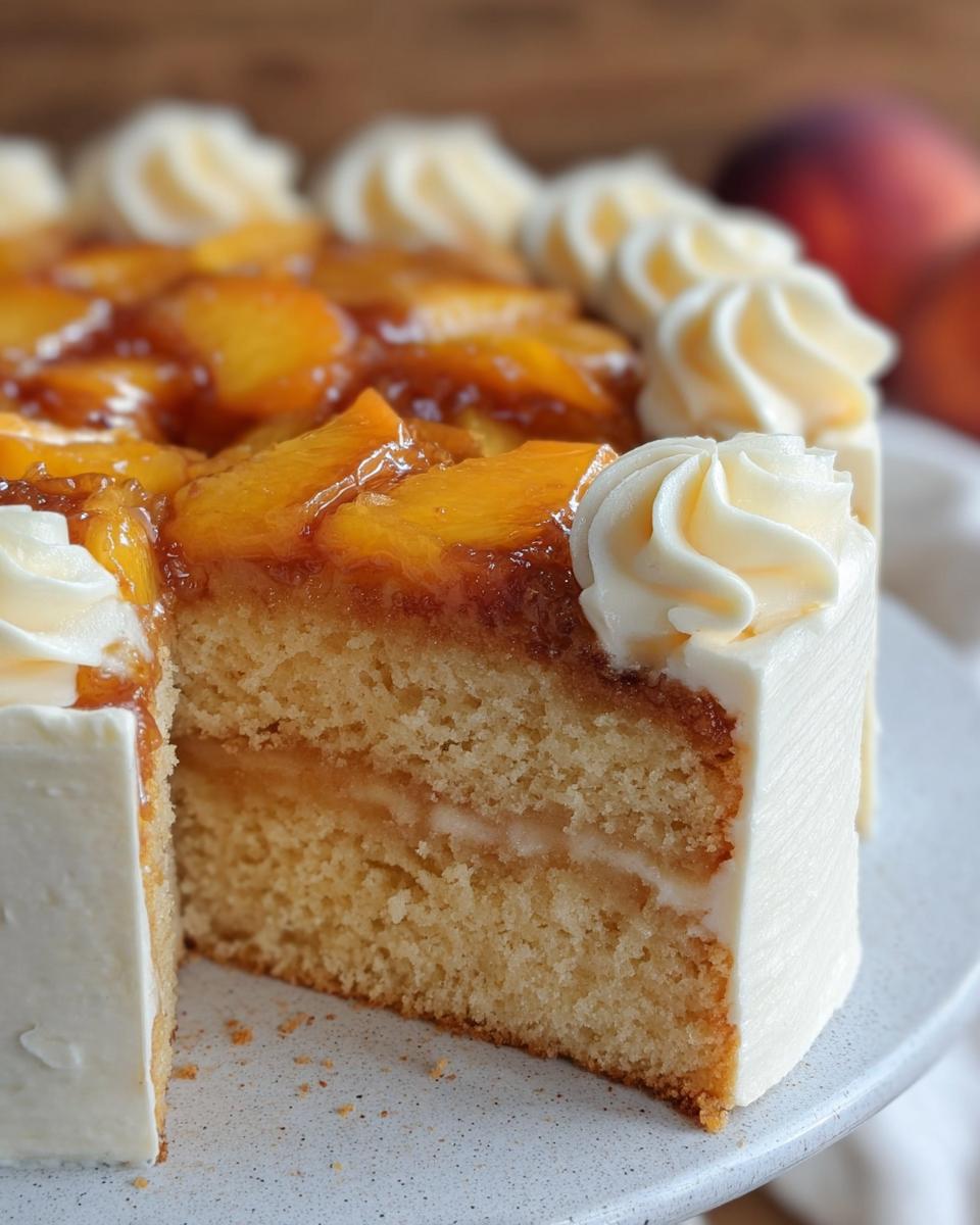 A slice of delicious peach cake with white frosting and piped cream swirls, part of the Ultimate Cake Ideas Recipes Guide.