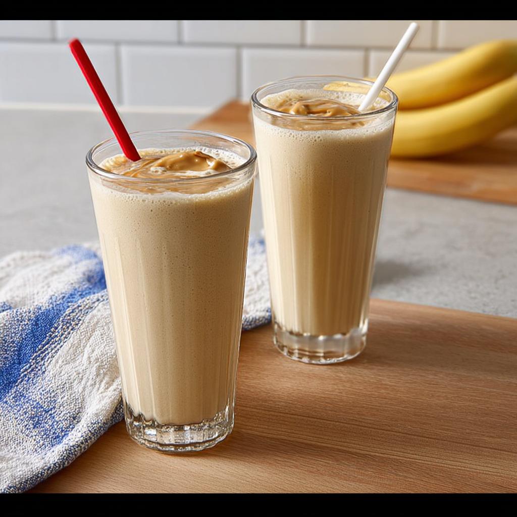 Two tall glasses filled with creamy peanut butter banana smoothies, perfect for breakfast ideas.