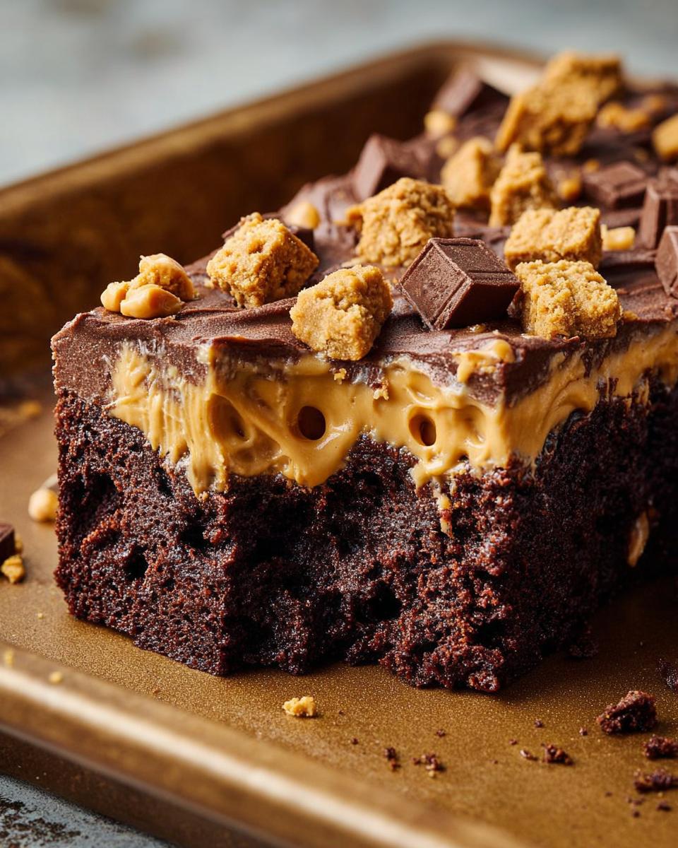 Close-up of a rich chocolate cake slice with peanut butter frosting and chocolate chunks, perfect for cake ideas recipes.