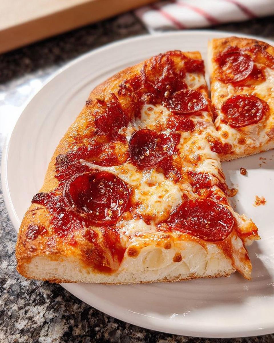 Close-up of two slices of pepperoni pizza on a white plate, showcasing melted cheese and crispy crust.