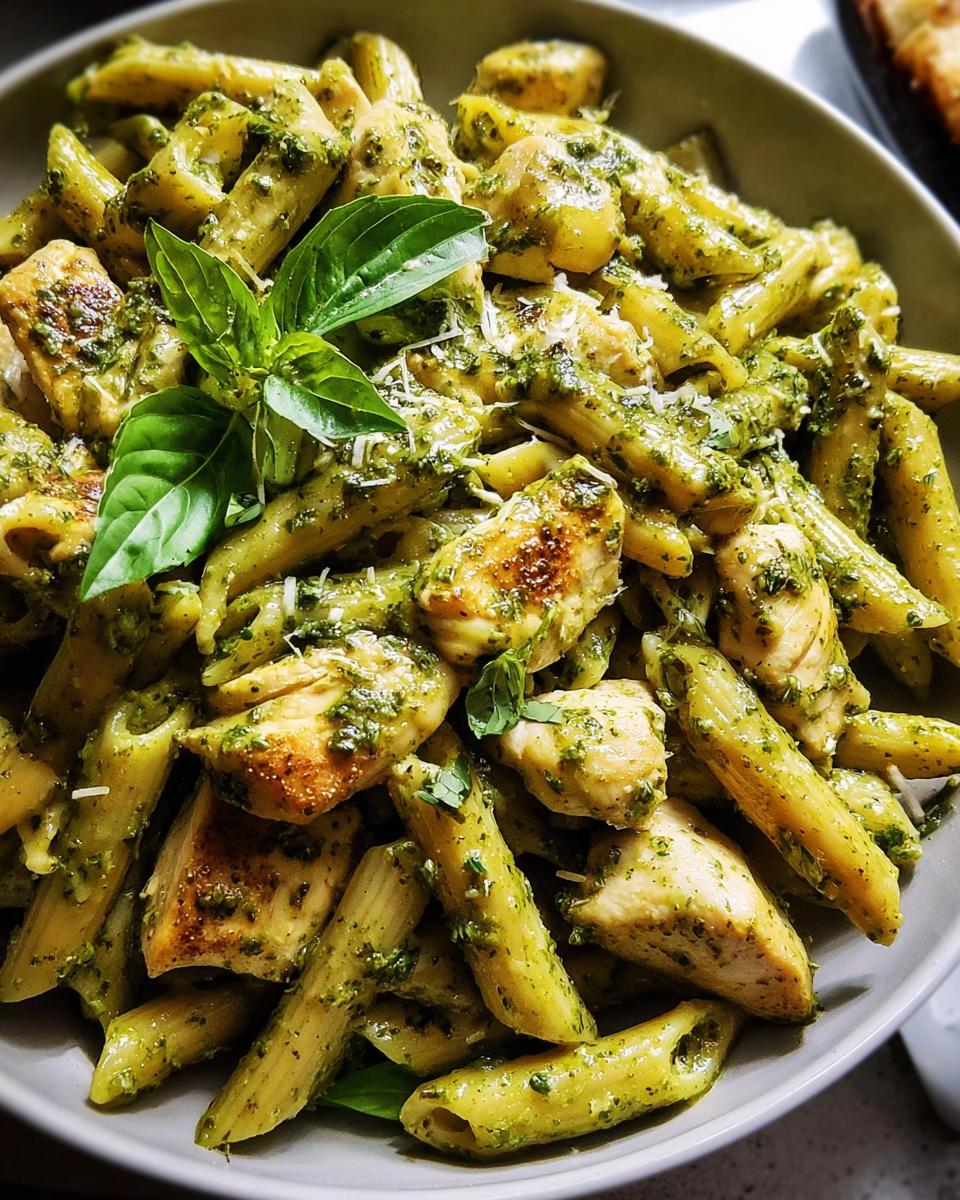 A close-up of penne pasta with chunks of grilled chicken, coated in vibrant green pesto sauce, garnished with basil leaves. A perfect chicken recipe.