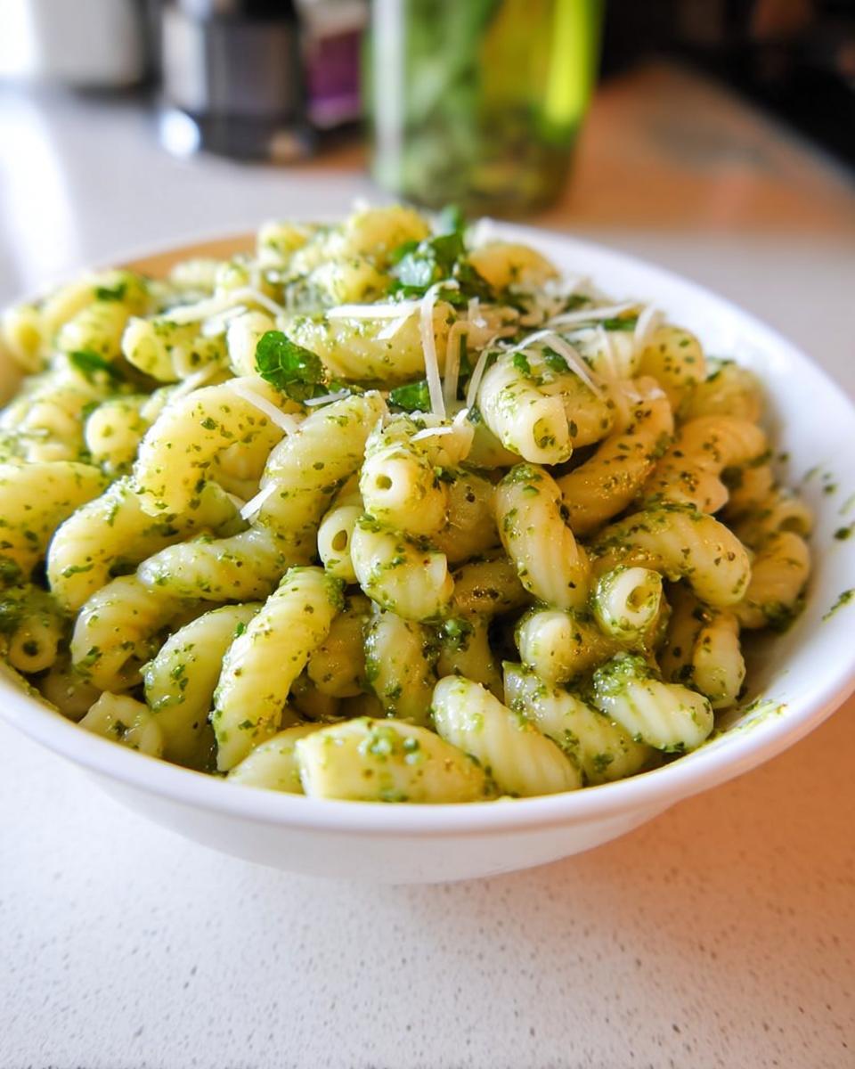 A close-up of a white bowl filled with cavatappi pasta tossed in vibrant green pesto, topped with grated Parmesan cheese and fresh parsley.
