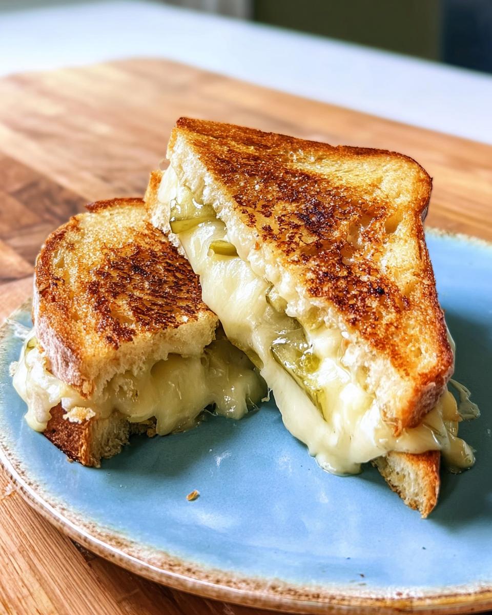A close-up of a pickle grilled cheese sandwich, cut in half, with melted cheese oozing out.