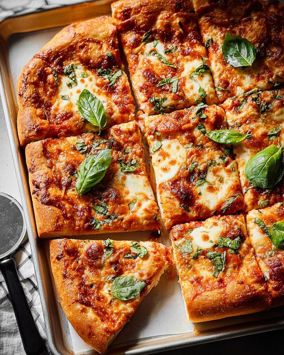 A freshly baked, square-cut pizza with melted cheese and basil, perfect for quick Pizza Night Recipes.