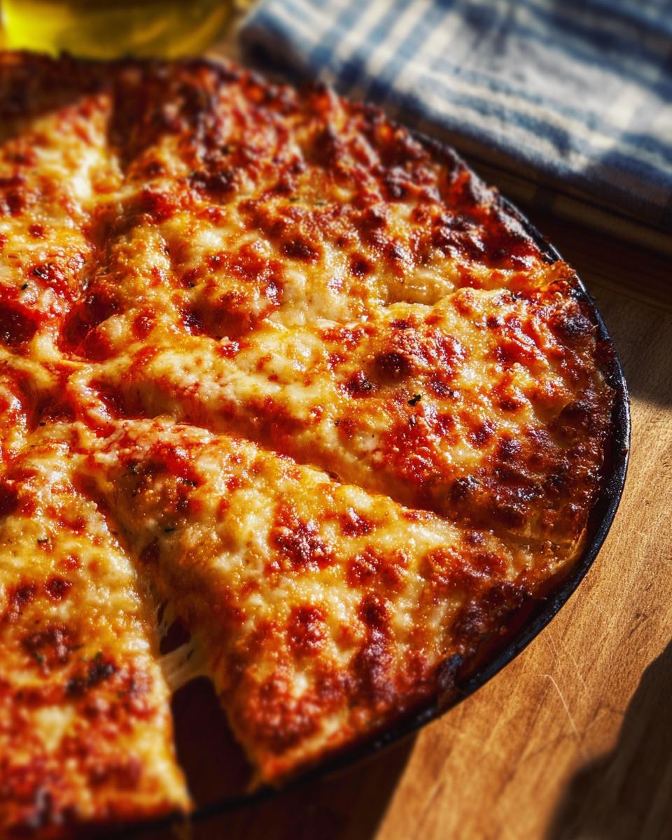 Close-up of a bubbling, golden-brown cheese pizza, perfect for pizza night recipes.