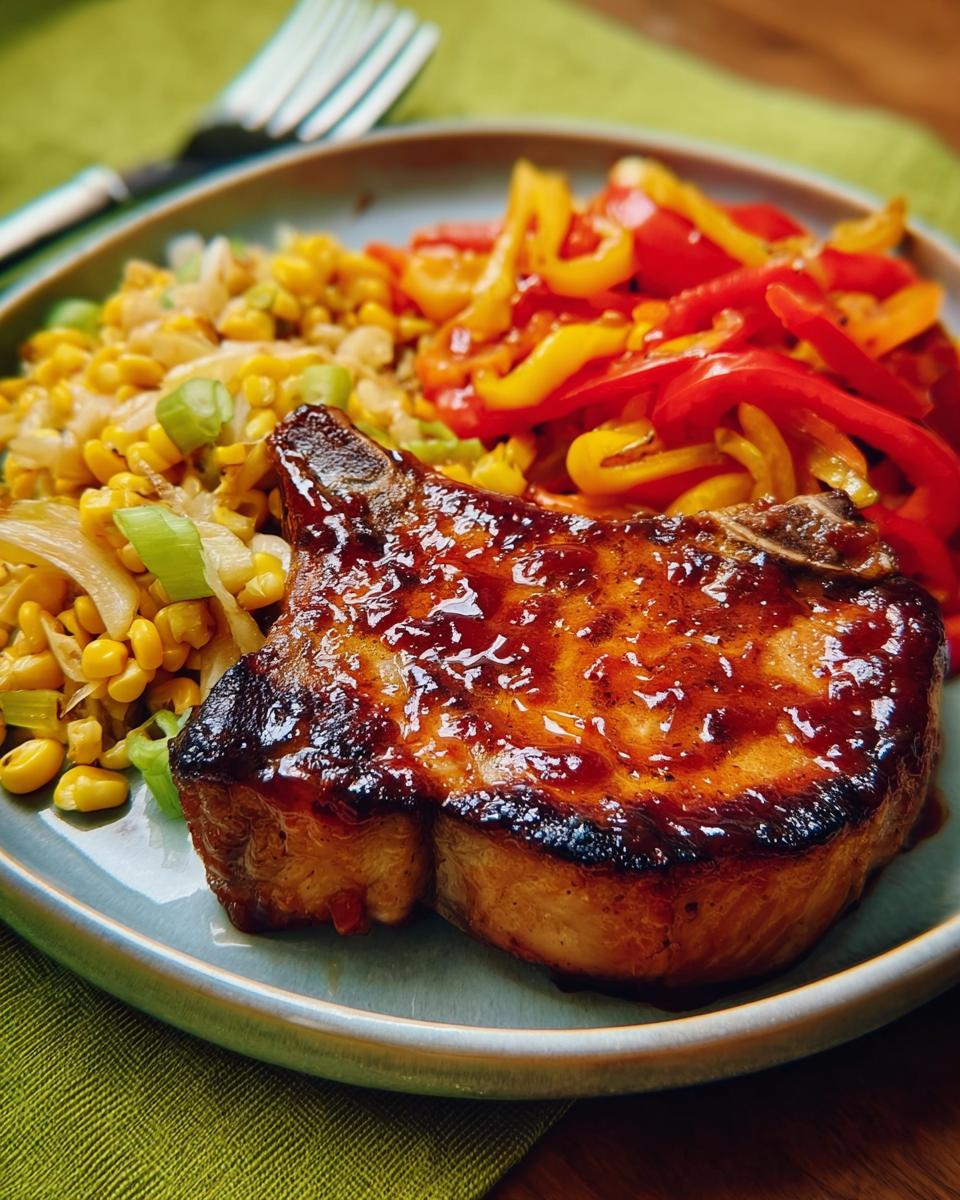 A perfectly cooked pork chop recipe with a glossy glaze, served with corn and bell peppers.
