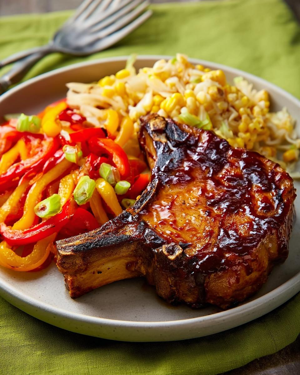 A perfectly cooked pork chop recipe glazed with sauce, served with sautéed corn and bell peppers.