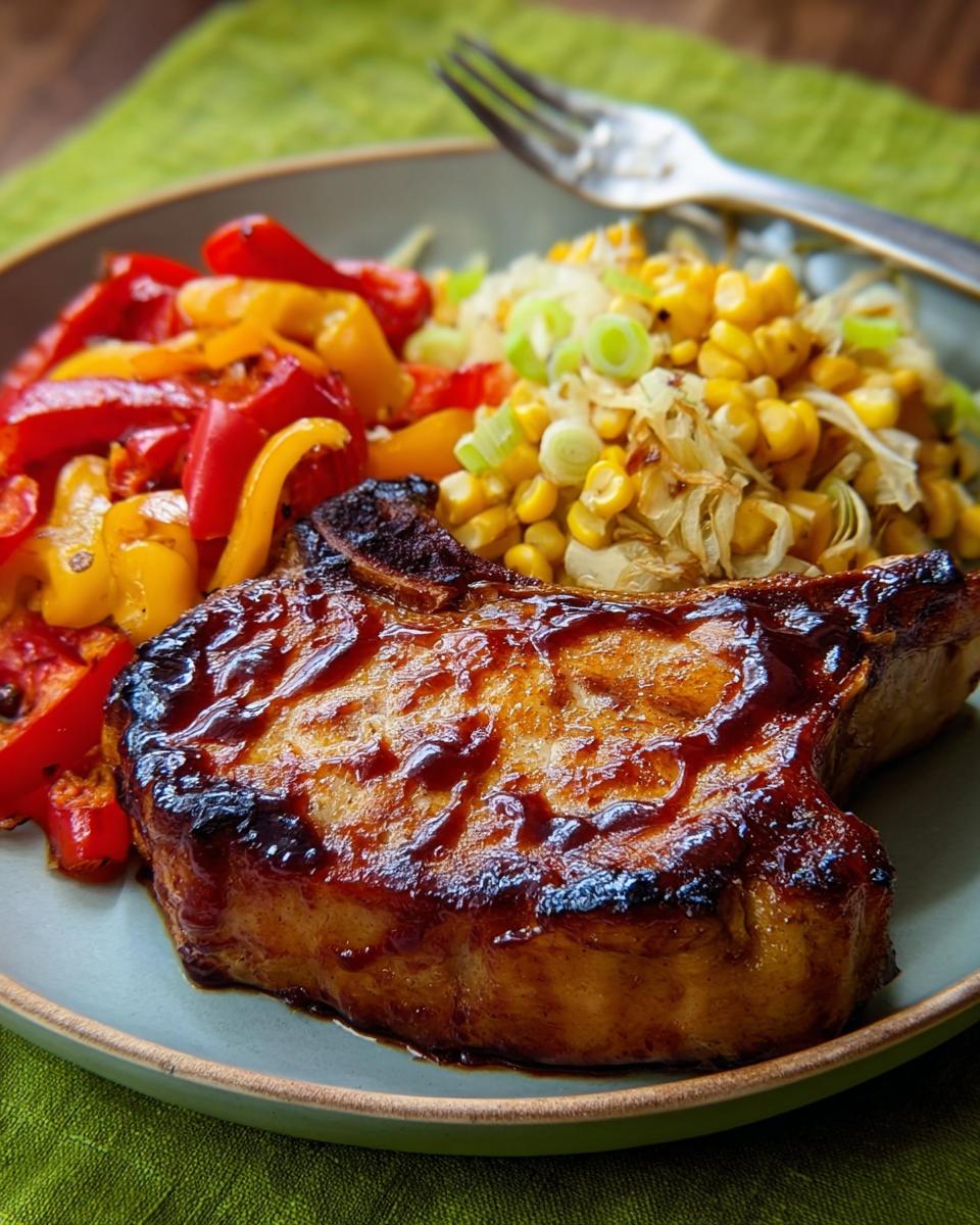 A perfectly cooked pork chop recipe glazed with sauce, served with roasted peppers and corn.