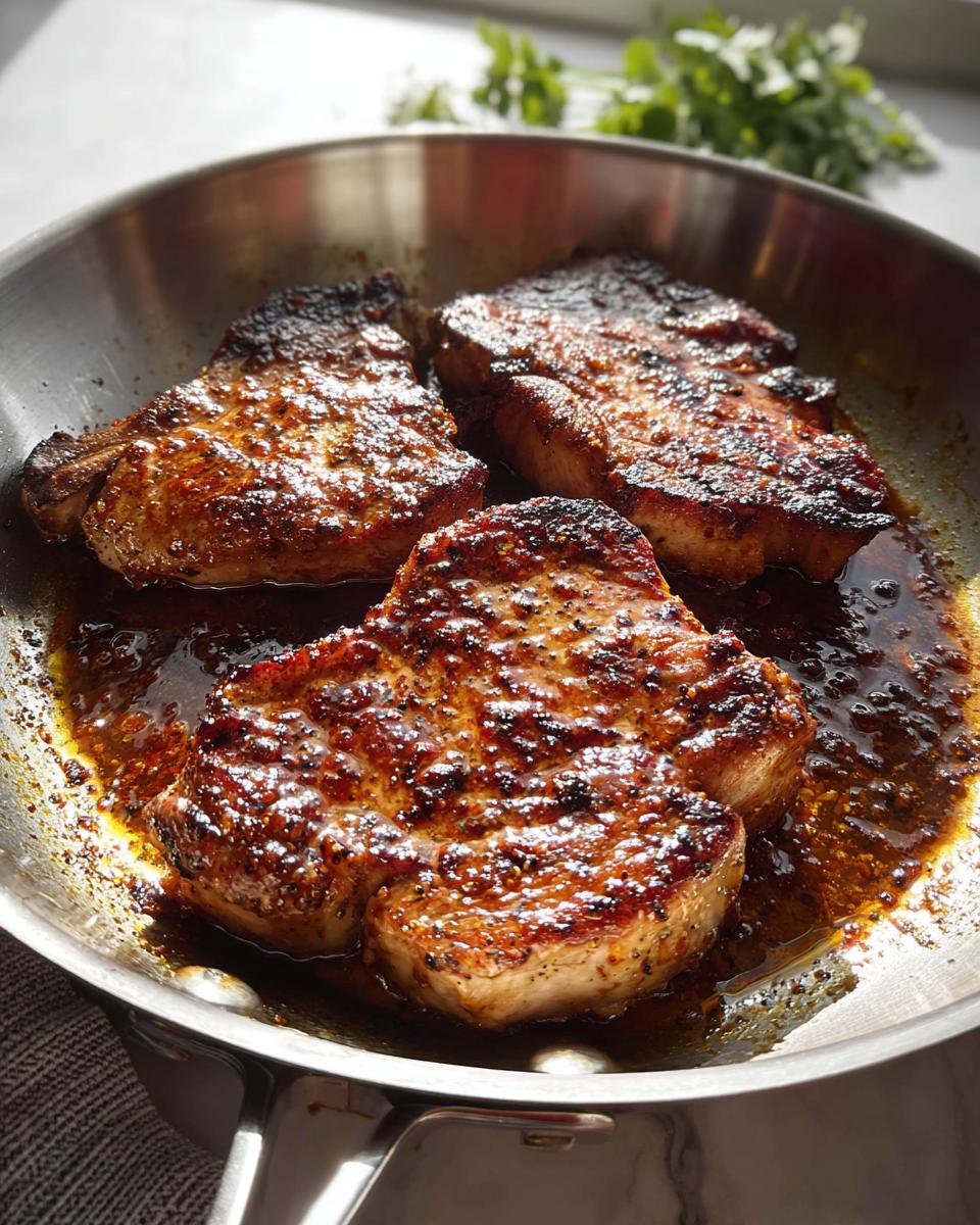 Three perfectly pan-seared pork chops in a skillet with a rich glaze, ready for meal prep.