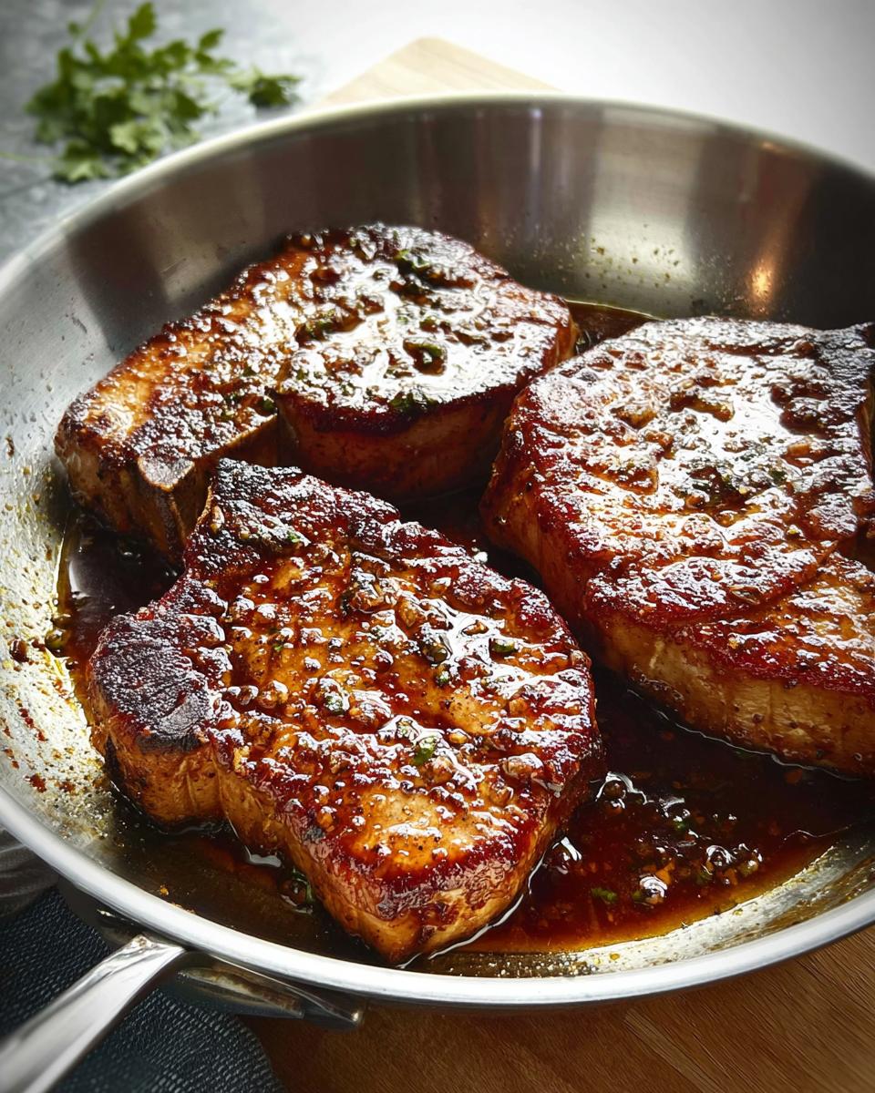 Three pan-seared pork chops glistening with a savory sauce in a stainless steel skillet, perfect for meal prep.