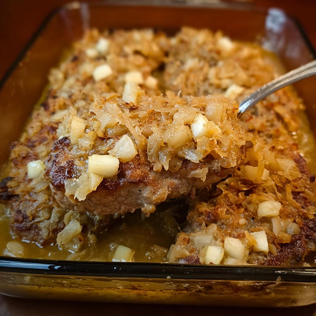 A close-up of a pork chop being lifted from a baking dish, topped with caramelized onions and diced apples. Pork Chops Recipes in 10 Minutes.