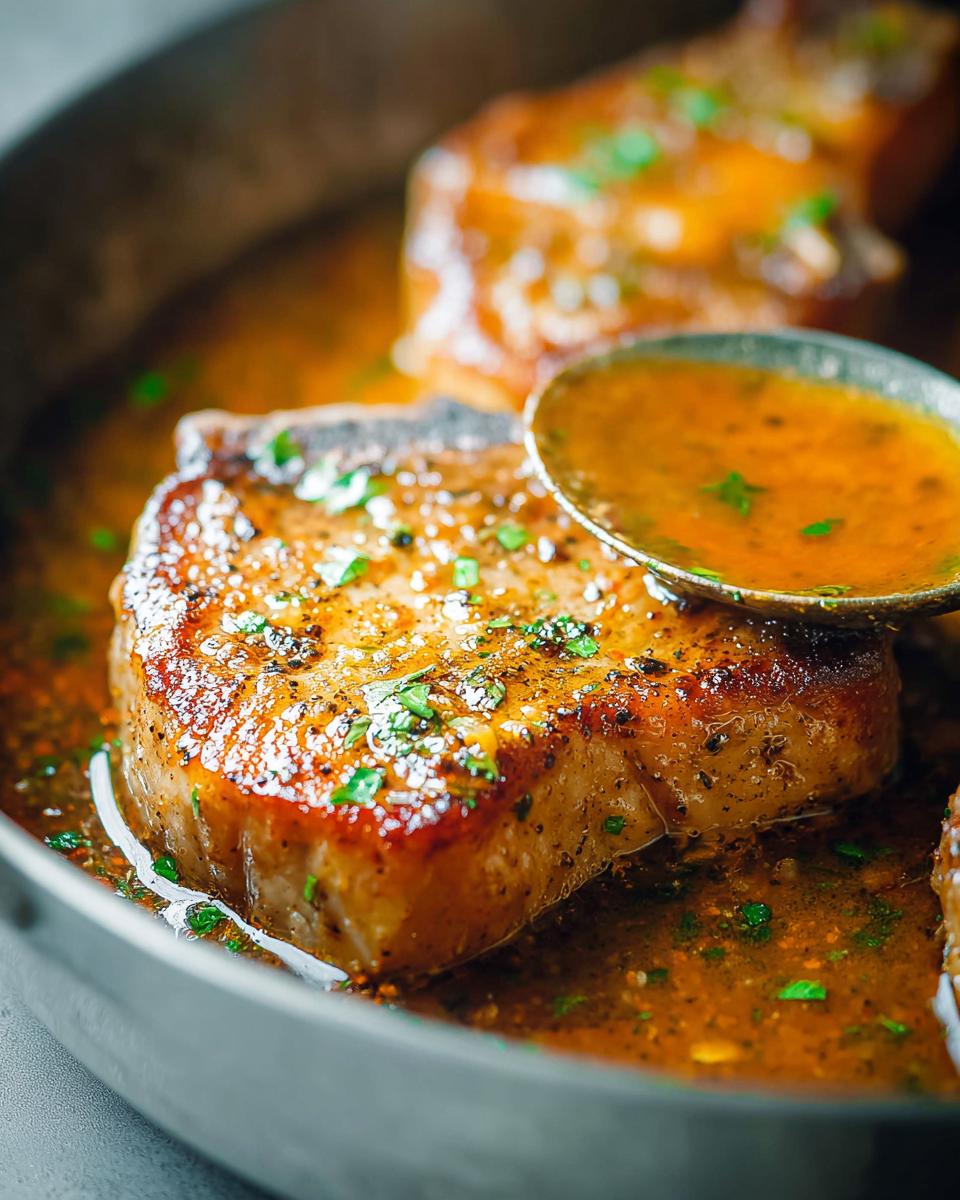 Close-up of a perfectly cooked pork chop in a rich pan sauce, with a spoon basting it with more sauce. A beginner-friendly recipe.