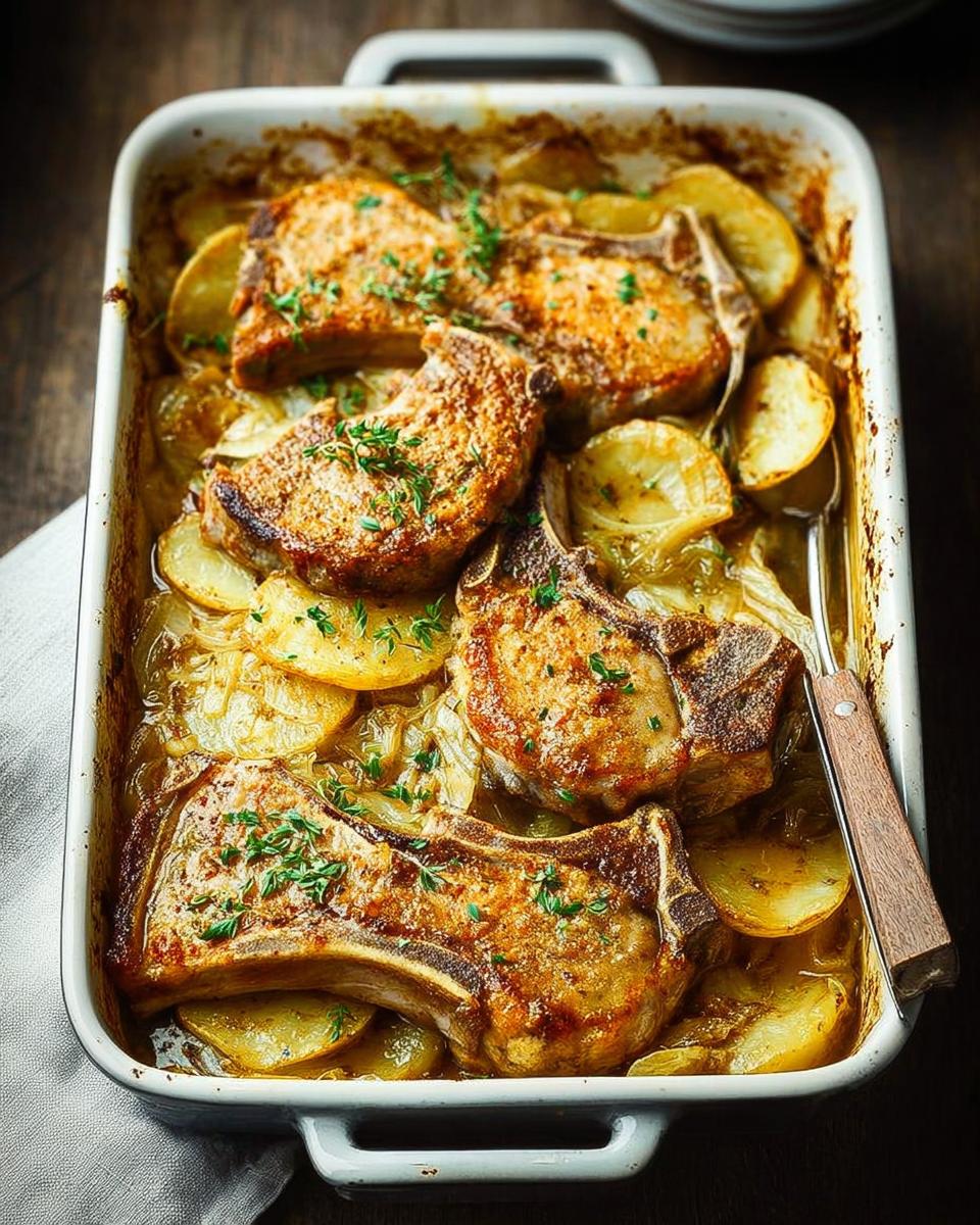 A white baking dish filled with tender pork chops baked with sliced potatoes and onions, garnished with fresh herbs.