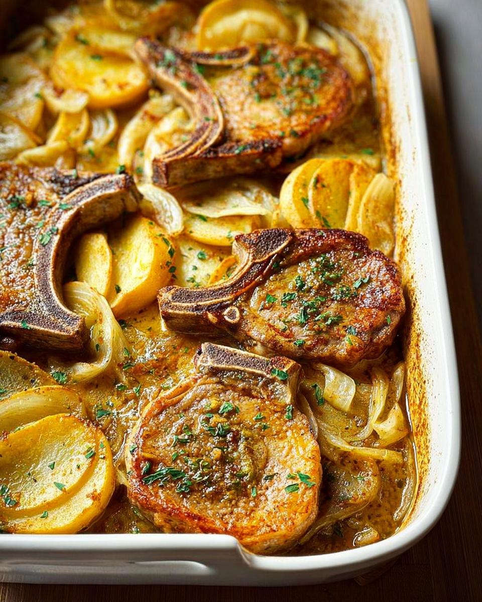 Close-up of bone-in pork chops baked with sliced potatoes and onions in a creamy sauce, garnished with parsley.