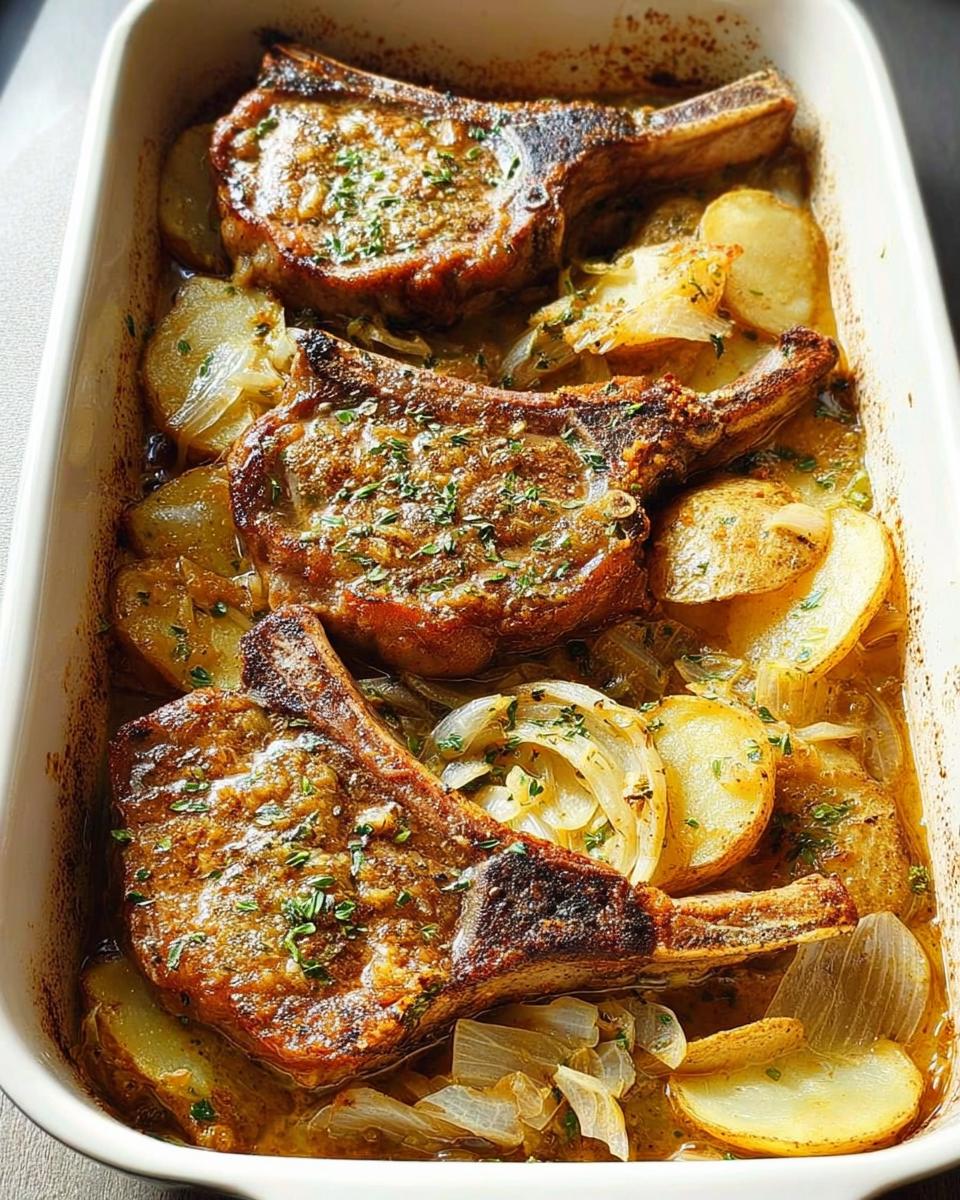 Three bone-in pork chops baked in a white casserole dish with sliced potatoes and onions, topped with herbs.