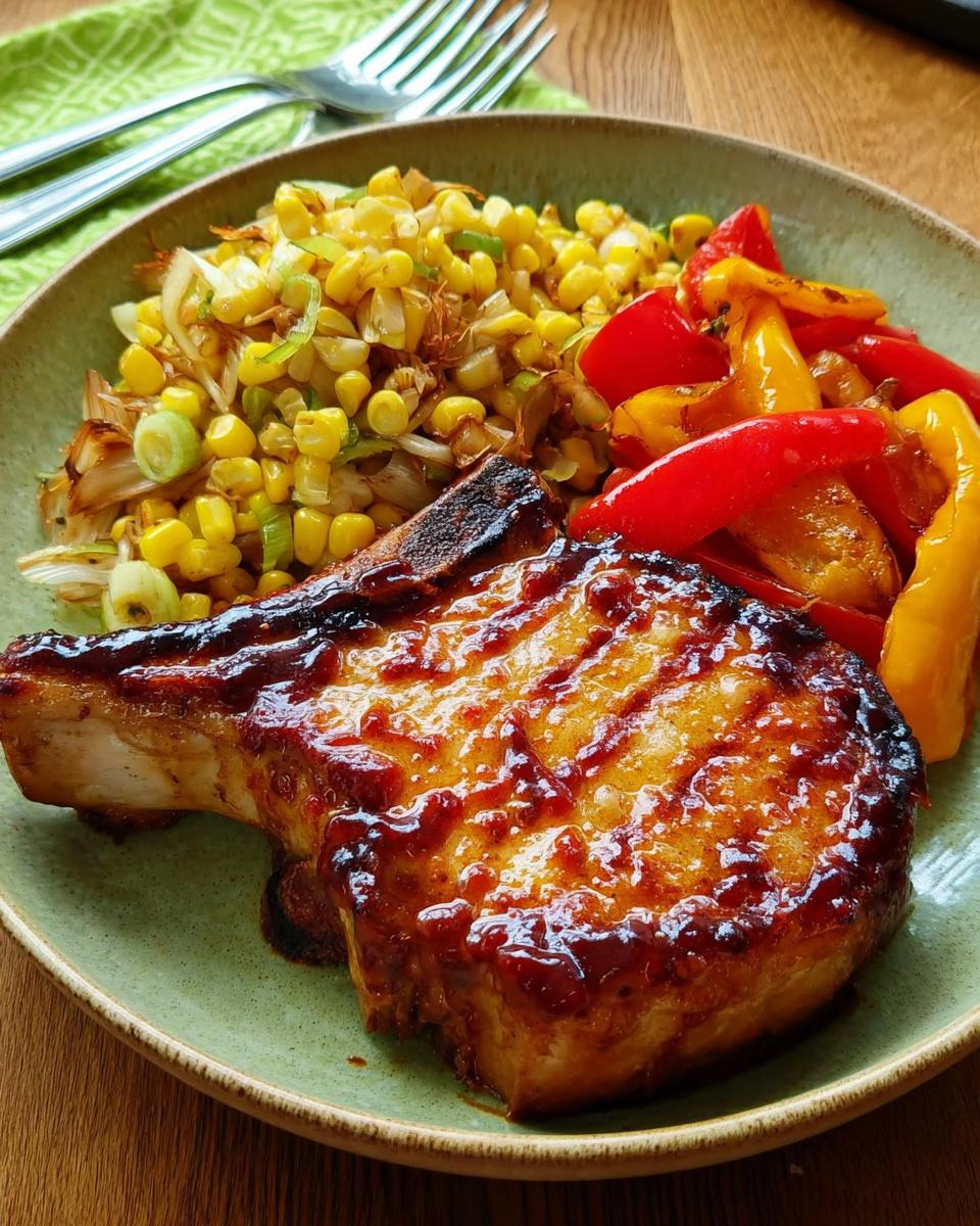 A perfectly cooked pork chop glazed with sauce, served with corn and bell peppers, demonstrating how to make pork chops recipes like a pro.
