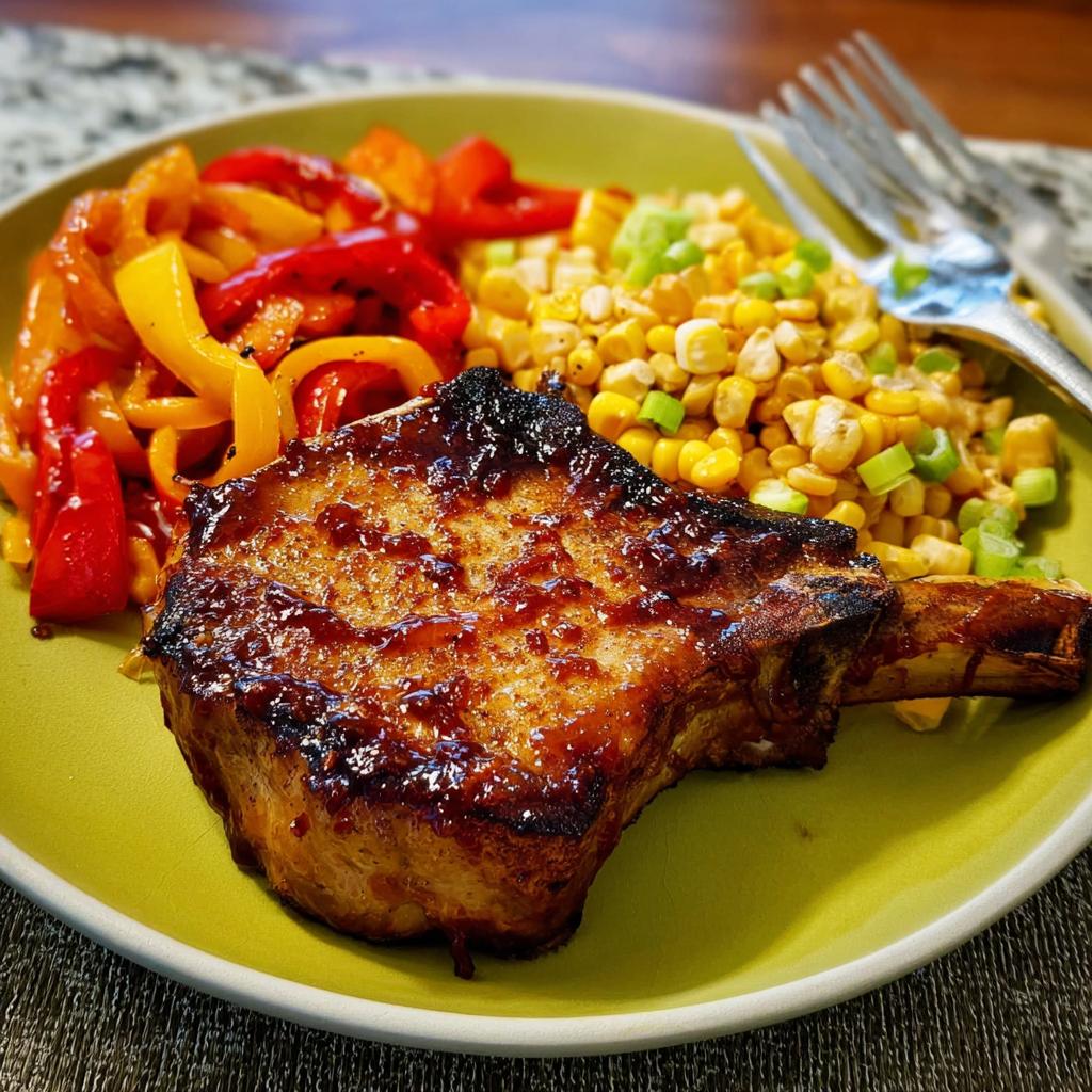 A perfectly cooked pork chop recipe with a glossy glaze, served with corn and bell peppers.