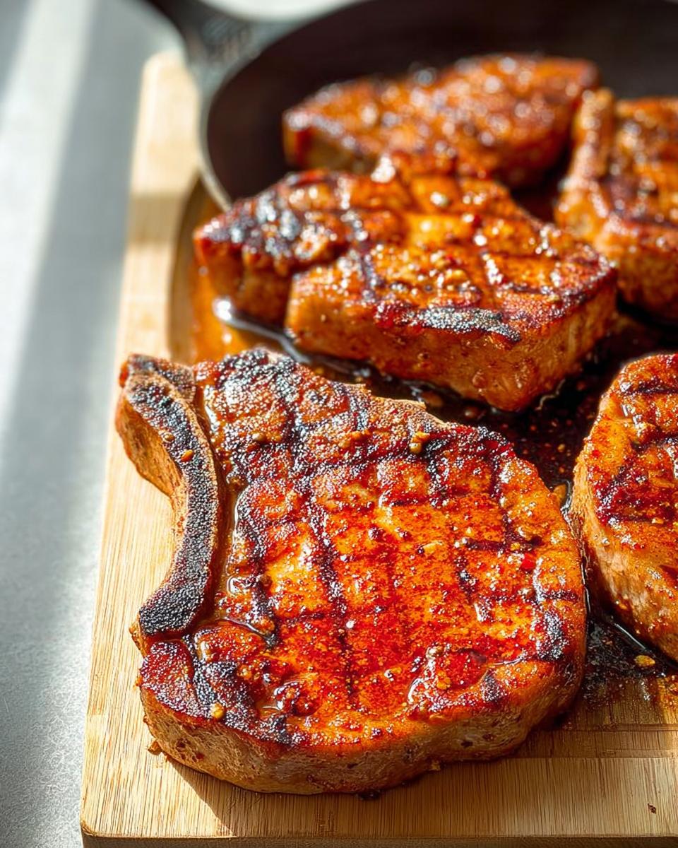 Close-up of juicy, pan-seared pork chops with a glaze, part of 'What I Cook When I Crave Pork Chops Recipes'.