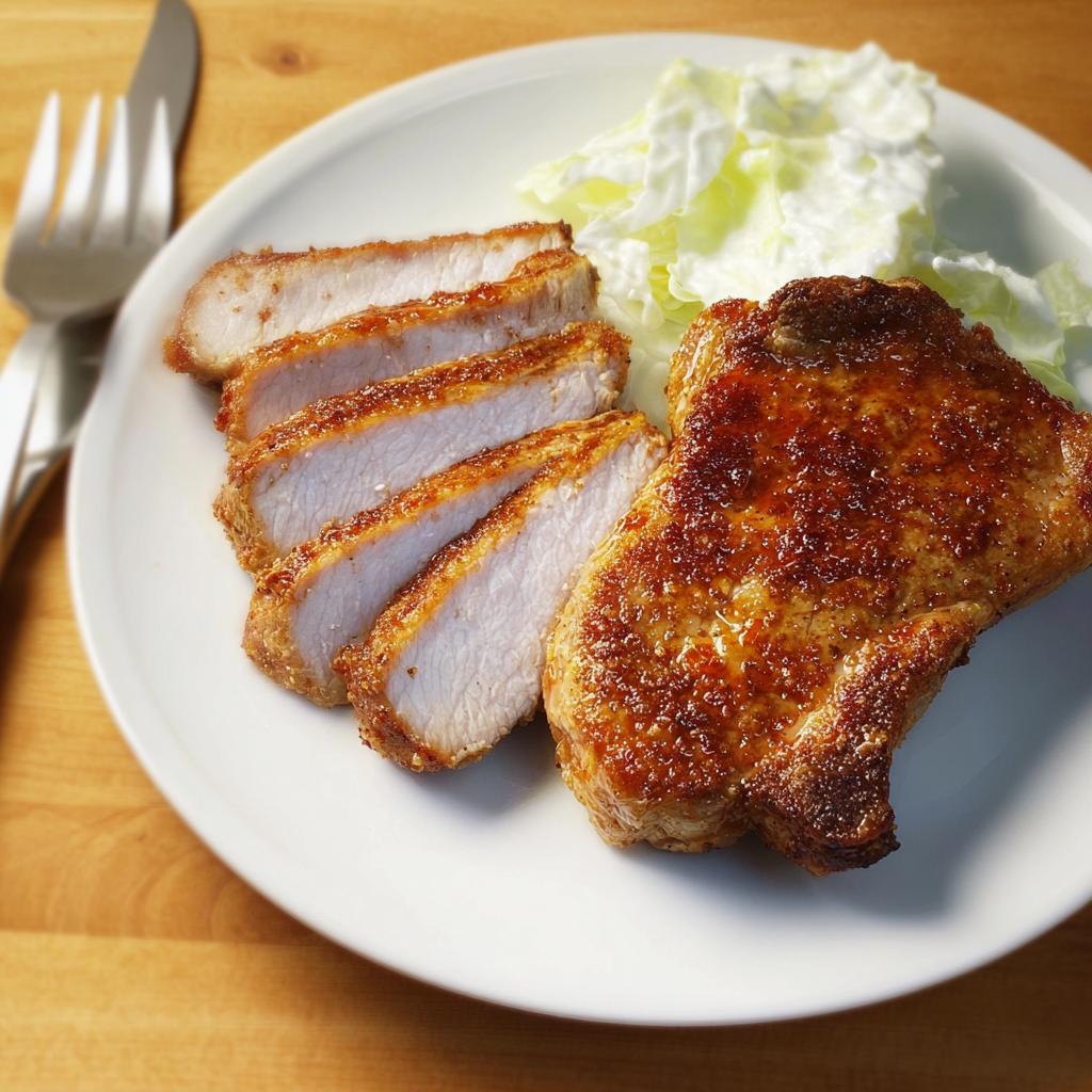 A plate of perfectly cooked pork chops, one whole and one sliced, served with a side of coleslaw. This is a great pork chops recipe.