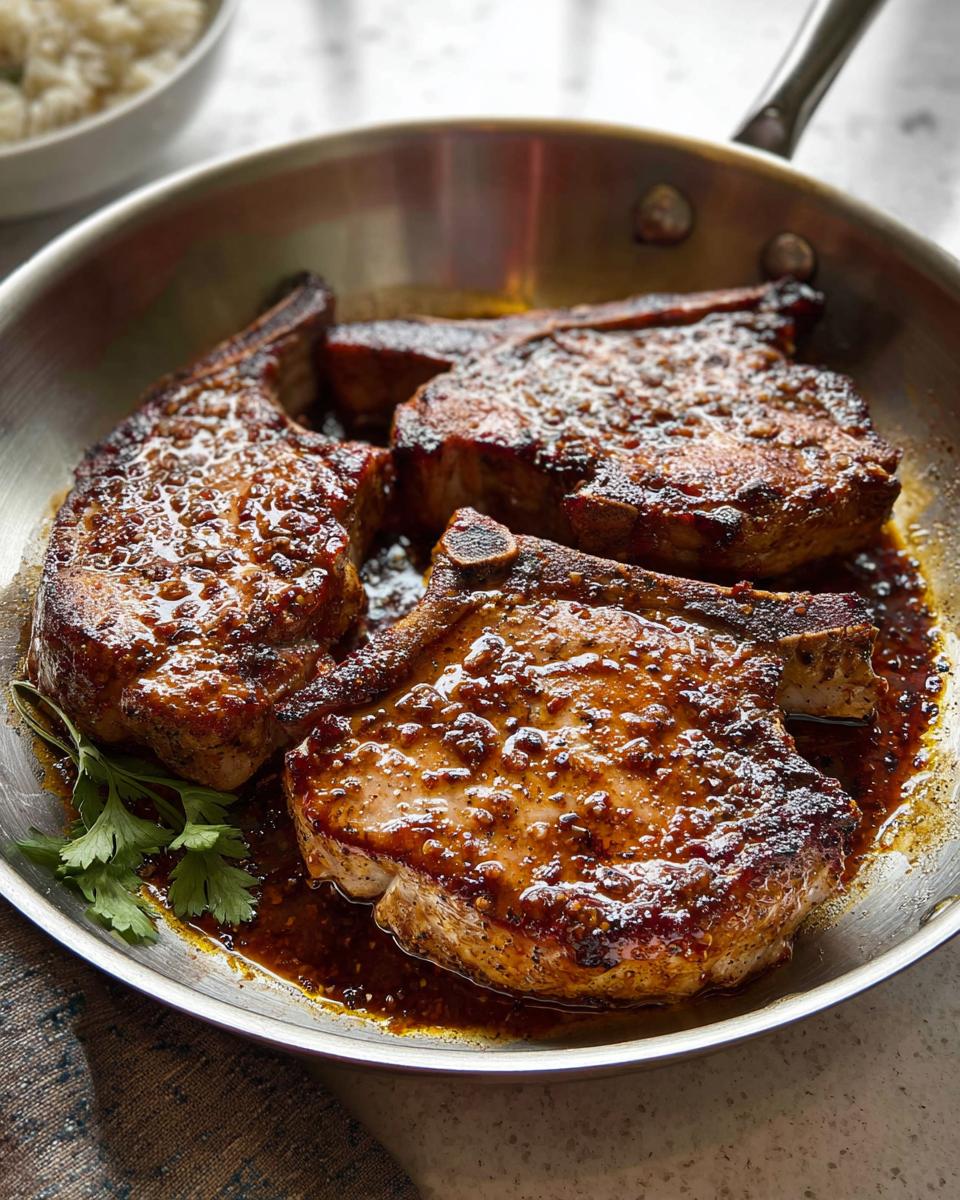 Three juicy pork chops in a skillet with a glossy glaze, perfect for meal prep.