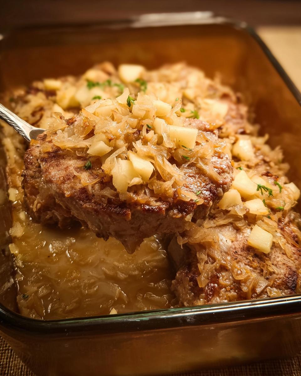 A fork lifting a juicy pork chop topped with caramelized onions and diced apples from a baking dish.