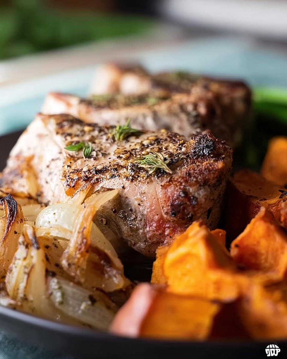 Close-up of perfectly cooked pork chops recipe served with roasted sweet potatoes and onions, garnished with fresh herbs.