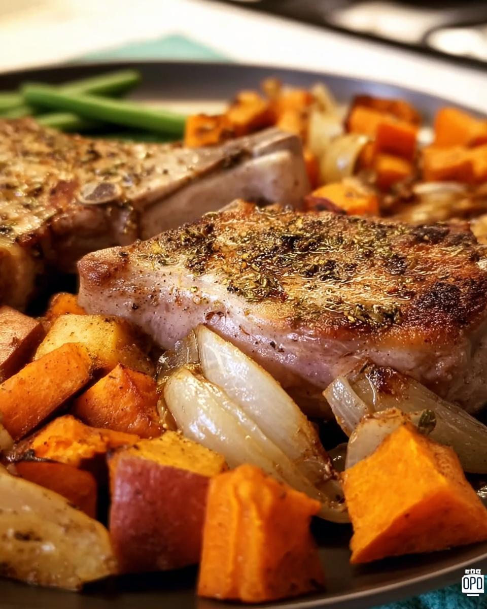 Close-up of two seasoned pork chops served with roasted sweet potatoes, onions, and green beans.