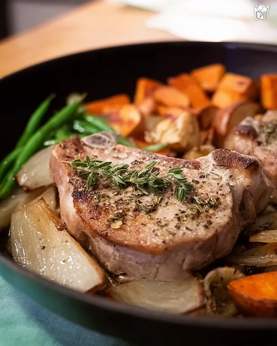 Close-up of a perfectly cooked pork chop with herbs, served with roasted sweet potatoes, onions, and green beans.