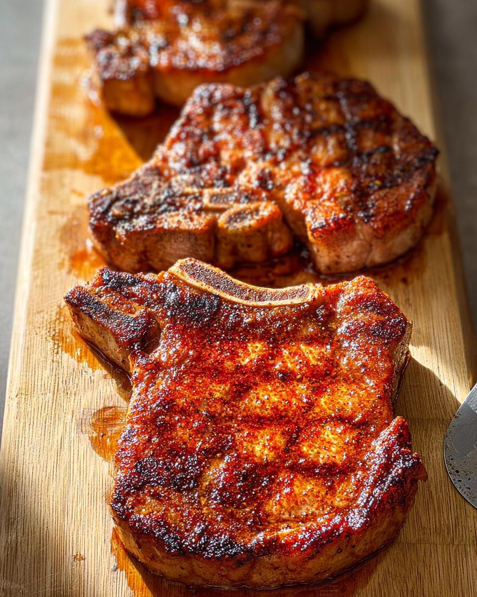 Close-up of three perfectly grilled pork chops with a beautiful crust, resting on a wooden cutting board. These are great pork chops recipes.