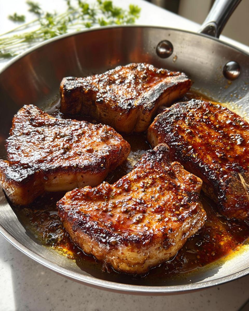 Four juicy pan-seared pork chops in a skillet, glistening with a savory glaze, perfect for meal prep.