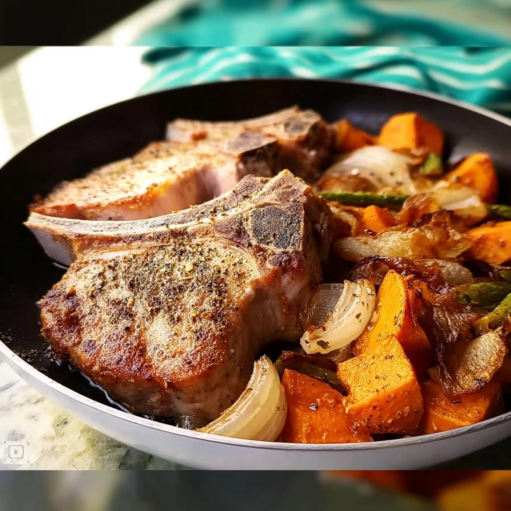 Close-up of seasoned pork chops with roasted sweet potatoes, onions, and asparagus in a pan.