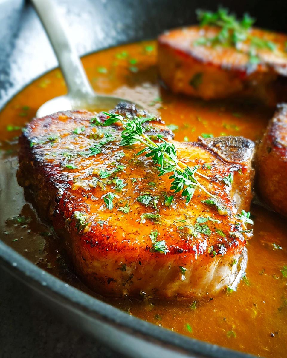 Close-up of a perfectly cooked pork chop in a rich, savory sauce, garnished with fresh thyme.