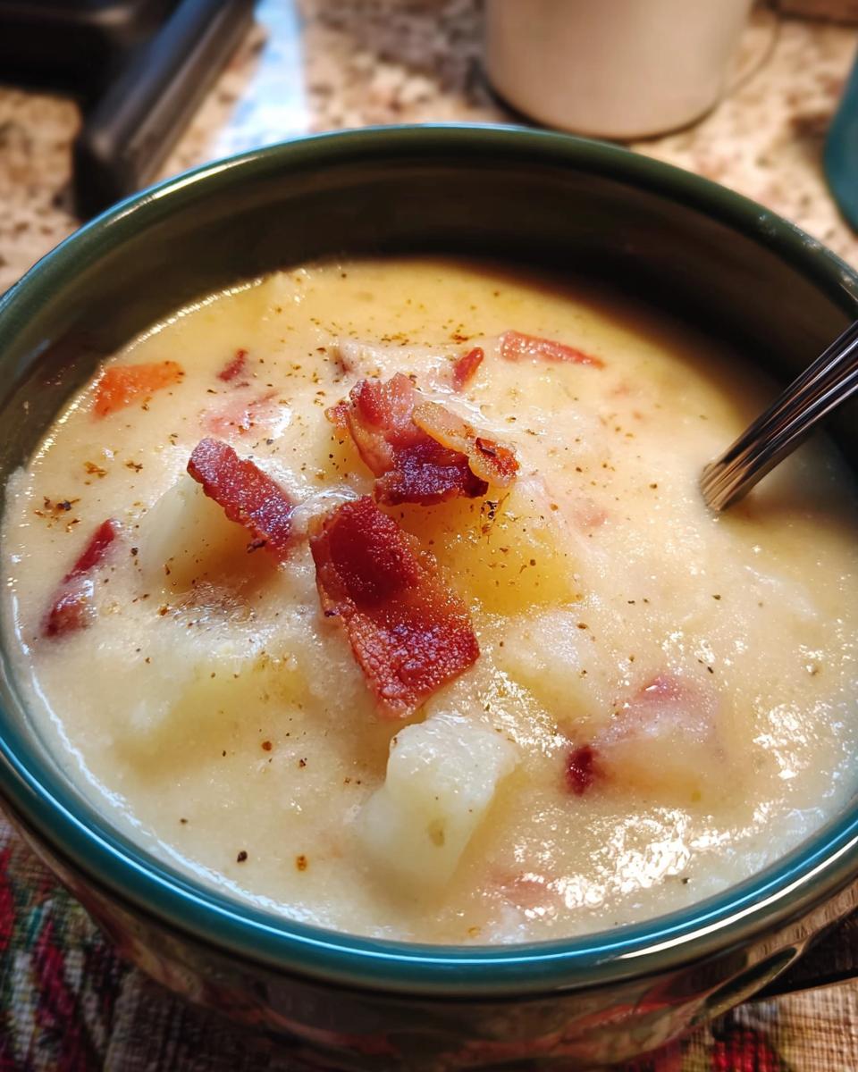 A close-up of a bowl of creamy potato bacon soup, a delicious option from 12-Ingredient Soup Recipes.