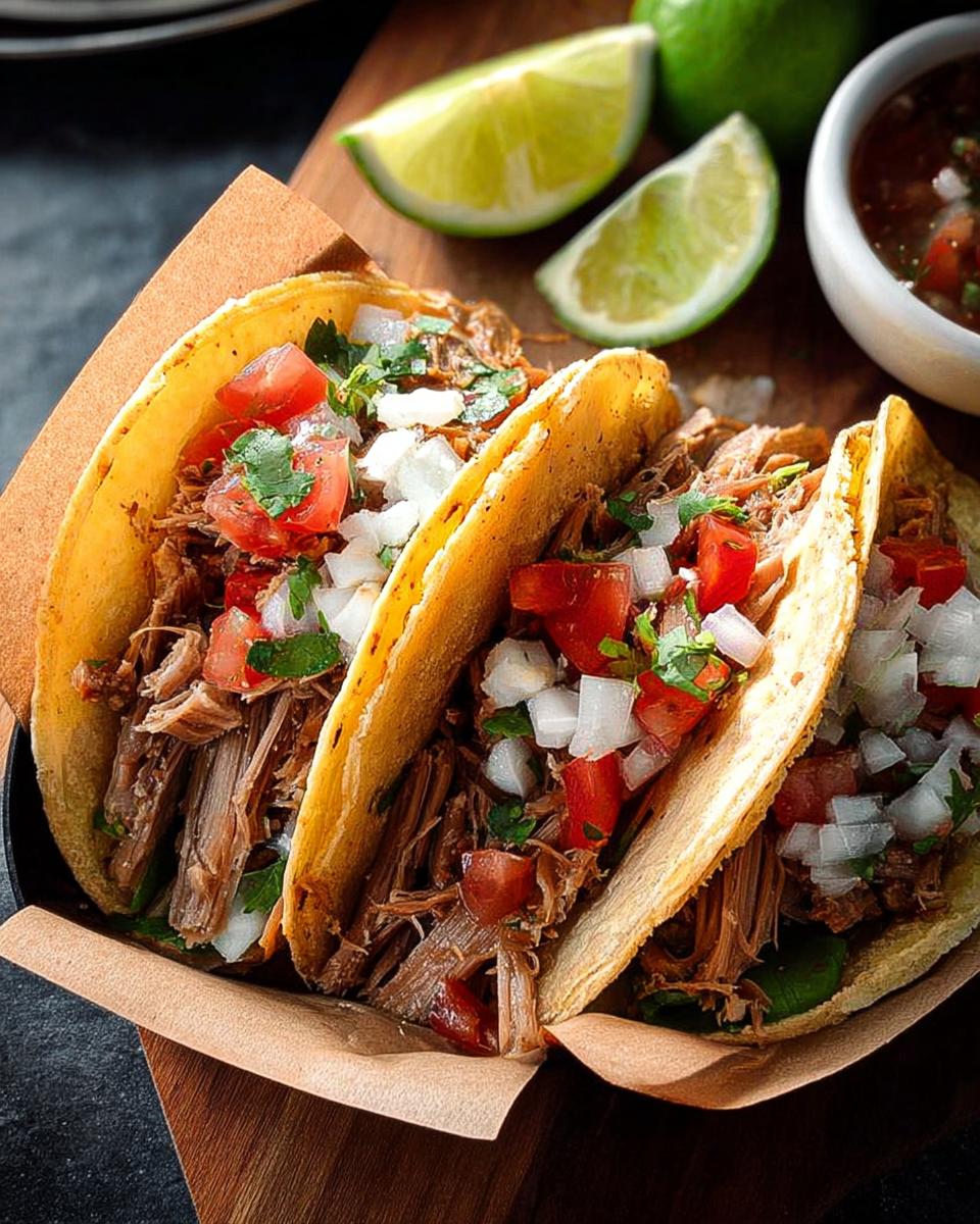 Three pulled pork tacos filled with meat, topped with diced tomatoes, onions, and cilantro, served with lime wedges.