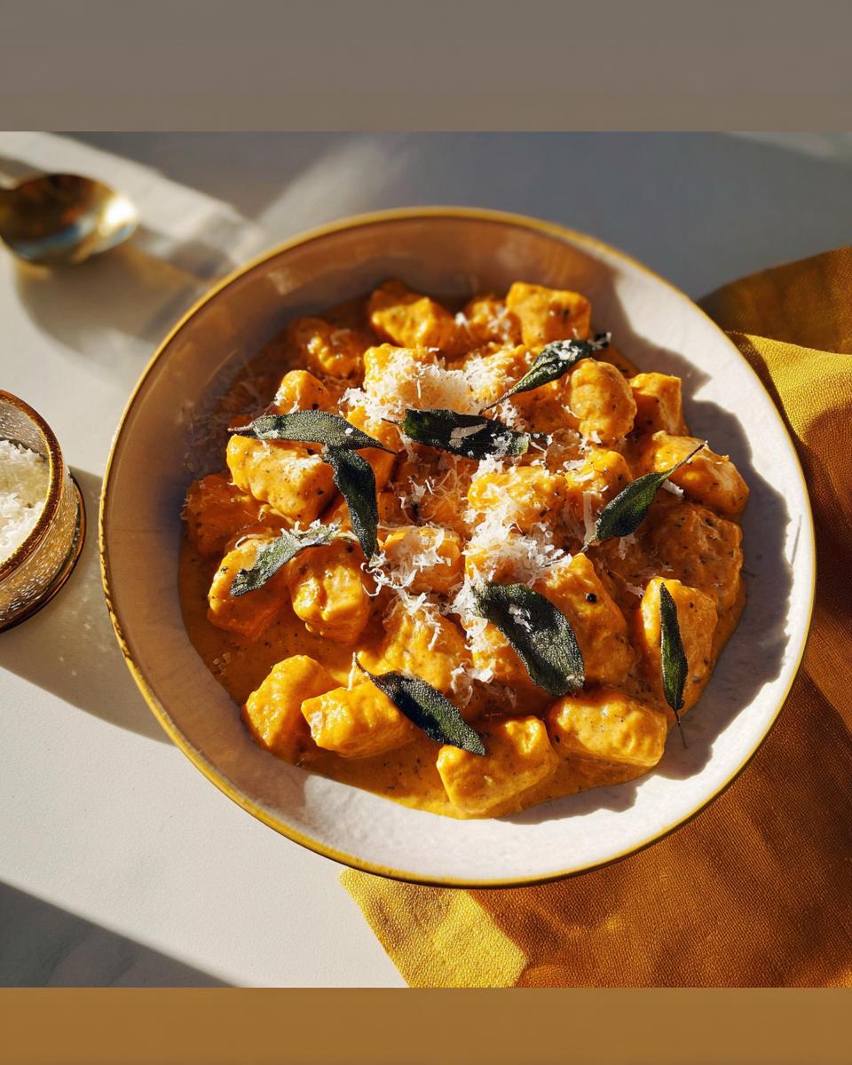 A bowl of creamy pumpkin gnocchi topped with fried sage leaves and grated Parmesan cheese.