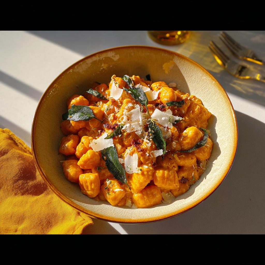 A bowl of pumpkin gnocchi pasta recipe topped with sage leaves, parmesan cheese, and crispy bits.