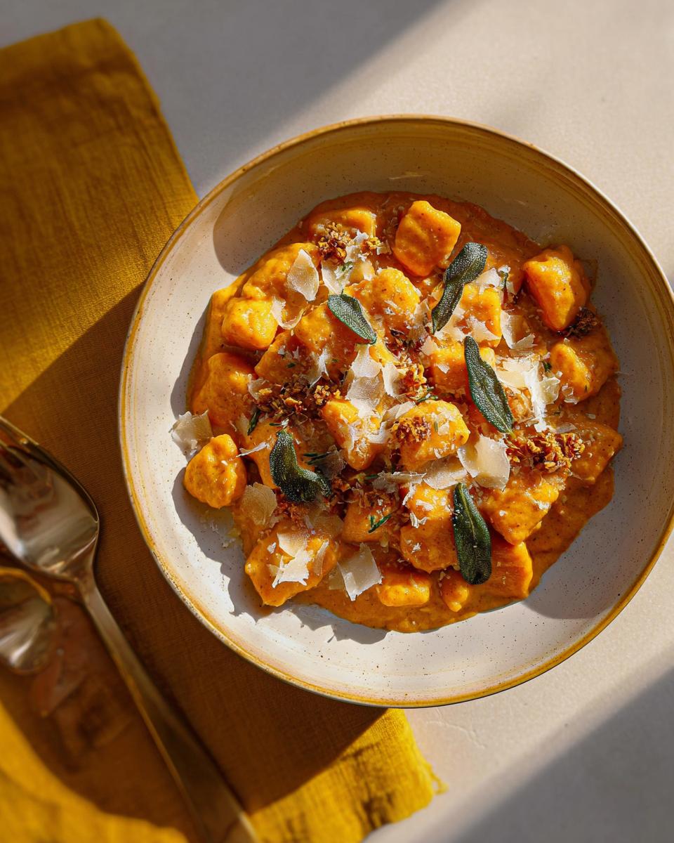 A bowl of pumpkin gnocchi pasta topped with shaved parmesan cheese and sage leaves.