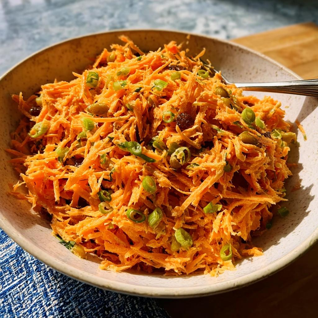 A bowl of shredded carrot salad with green onions and raisins, perfect for quick veggie sides recipes.