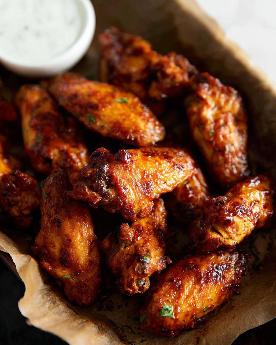 Close-up of glossy, baked chicken wings served with a side of dipping sauce, perfect for quick chicken wings recipes.