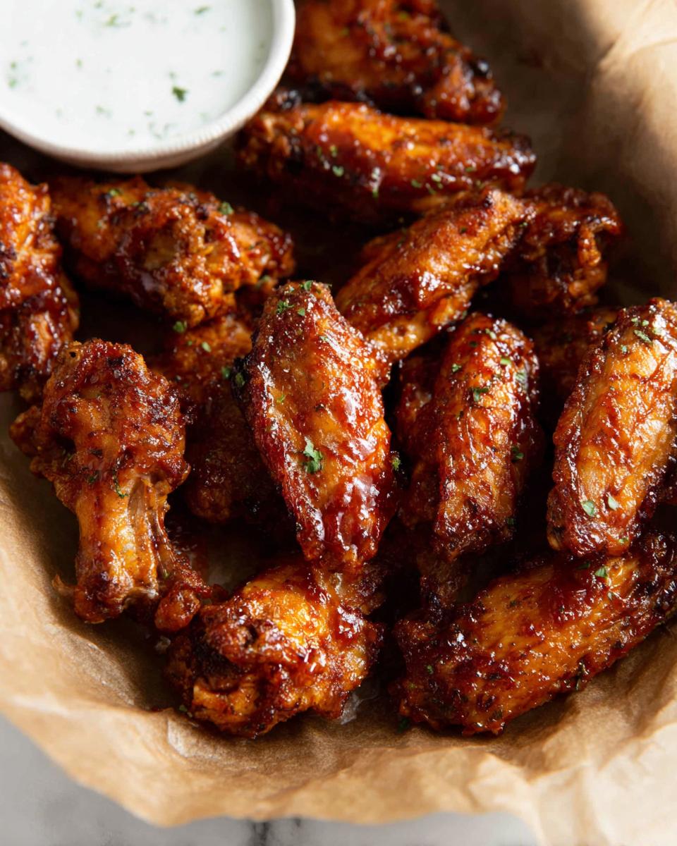 Close-up of glossy, saucy chicken wings, part of quick chicken wings recipes in 20 minutes, served with a side of dipping sauce.