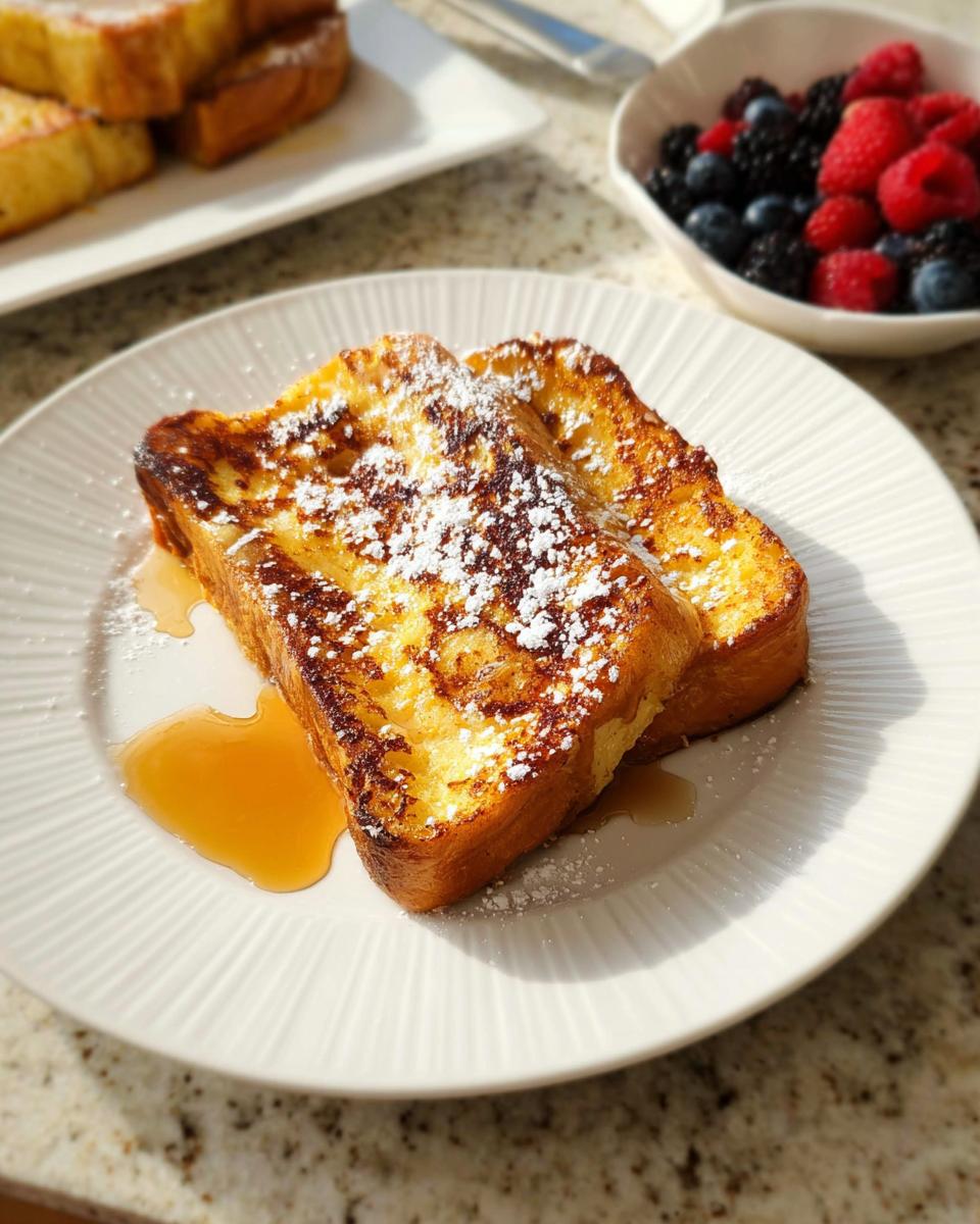 Two slices of golden-brown French toast dusted with powdered sugar and drizzled with syrup, part of breakfast ideas recipes in 20 minutes.